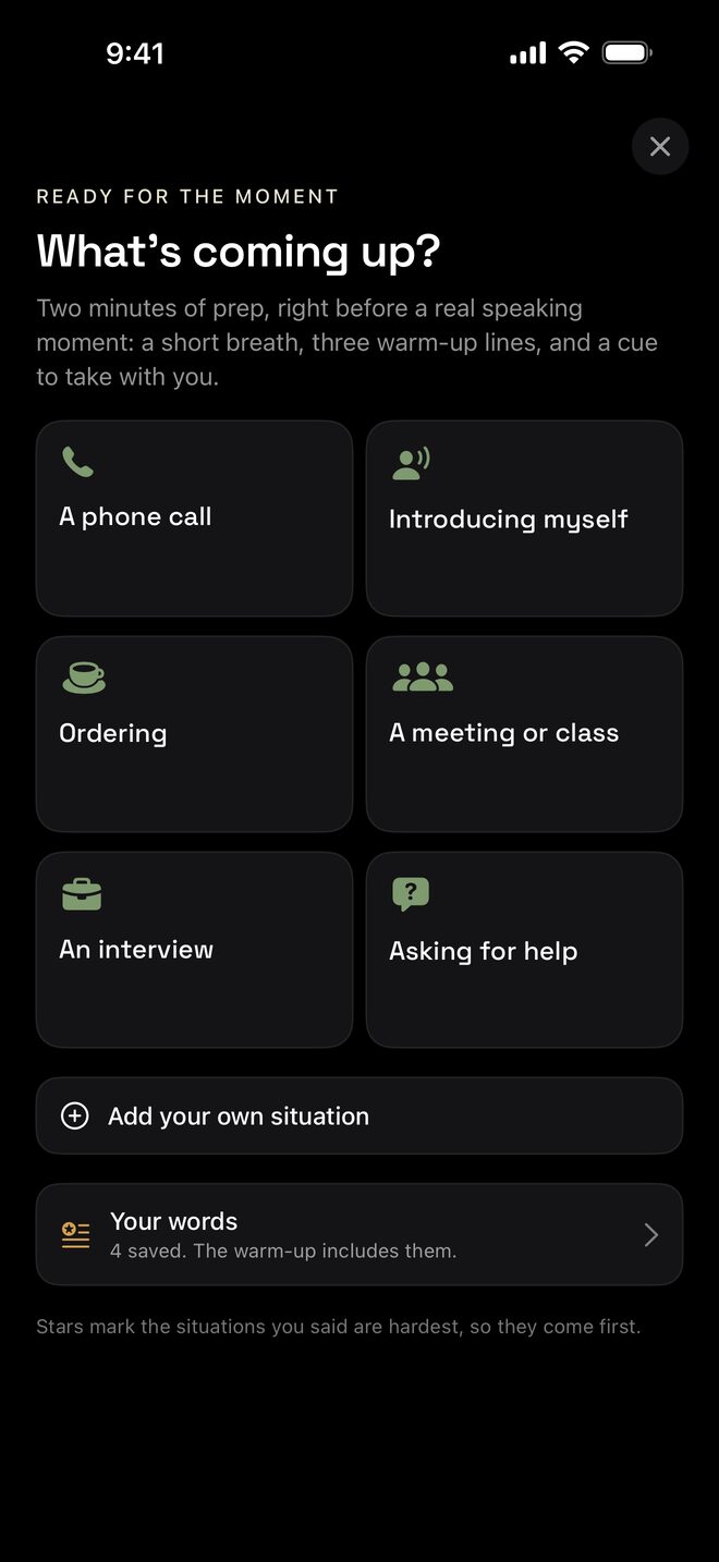 EloSpeak Ready for the Moment in dark mode: “What’s coming up?” with six situations to choose from, among them a phone call, introducing myself and ordering, and a button to add your own situation.