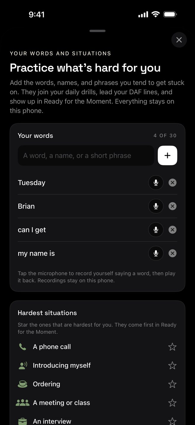 EloSpeak Your words in dark mode: “Practice what’s hard for you,” a list of four saved words and phrases, each with a button to record and play it back, above a list of situations to star as hardest.