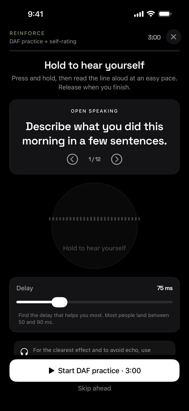 EloSpeak Reinforce phase in dark mode: “Hold to hear yourself,” an open-speaking prompt with a delay slider set to 75 milliseconds.